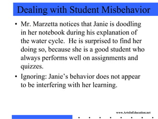Dealing with Student Misbehavior
• Mr. Marzetta notices that Janie is doodling
  in her notebook during his explanation of
  the water cycle. He is surprised to find her
  doing so, because she is a good student who
  always performs well on assignments and
  quizzes.
• Ignoring: Janie’s behavior does not appear
  to be interfering with her learning.


                                   www.ArtsInEducation.net
 