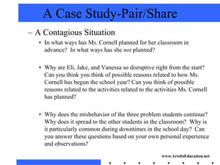 A Case Study-Pair/Share
– A Contagious Situation
   • In what ways has Ms. Cornell planned for her classroom in
     advance? In what ways has she not planned?

   • Why are Eli, Jake, and Vanessa so disruptive right from the start?
     Can you think you think of possible reasons related to how Ms.
     Cornell has begun the school year? Can you think of possible
     reasons related to the activities related to the activities Ms. Cornell
     has planned?

   • Why does the misbehavior of the three problem students continue?
     Why does it spread to the other students in the classroom? Why is
     it particularly common during downtimes in the school day? Can
     you answer these questions based on your own personal experience
     and observations?
                                                        www.ArtsInEducation.net
 
