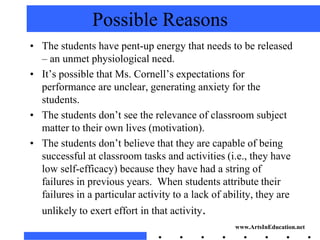 Possible Reasons
• The students have pent-up energy that needs to be released
  – an unmet physiological need.
• It’s possible that Ms. Cornell’s expectations for
  performance are unclear, generating anxiety for the
  students.
• The students don’t see the relevance of classroom subject
  matter to their own lives (motivation).
• The students don’t believe that they are capable of being
  successful at classroom tasks and activities (i.e., they have
  low self-efficacy) because they have had a string of
  failures in previous years. When students attribute their
  failures in a particular activity to a lack of ability, they are
   unlikely to exert effort in that activity.
                                                   www.ArtsInEducation.net
 