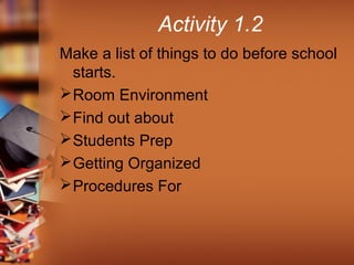Activity 1.2
Make a list of things to do before school
starts.
 Room Environment
 Find out about
 Students Prep
 Getting Organized
 Procedures For

 