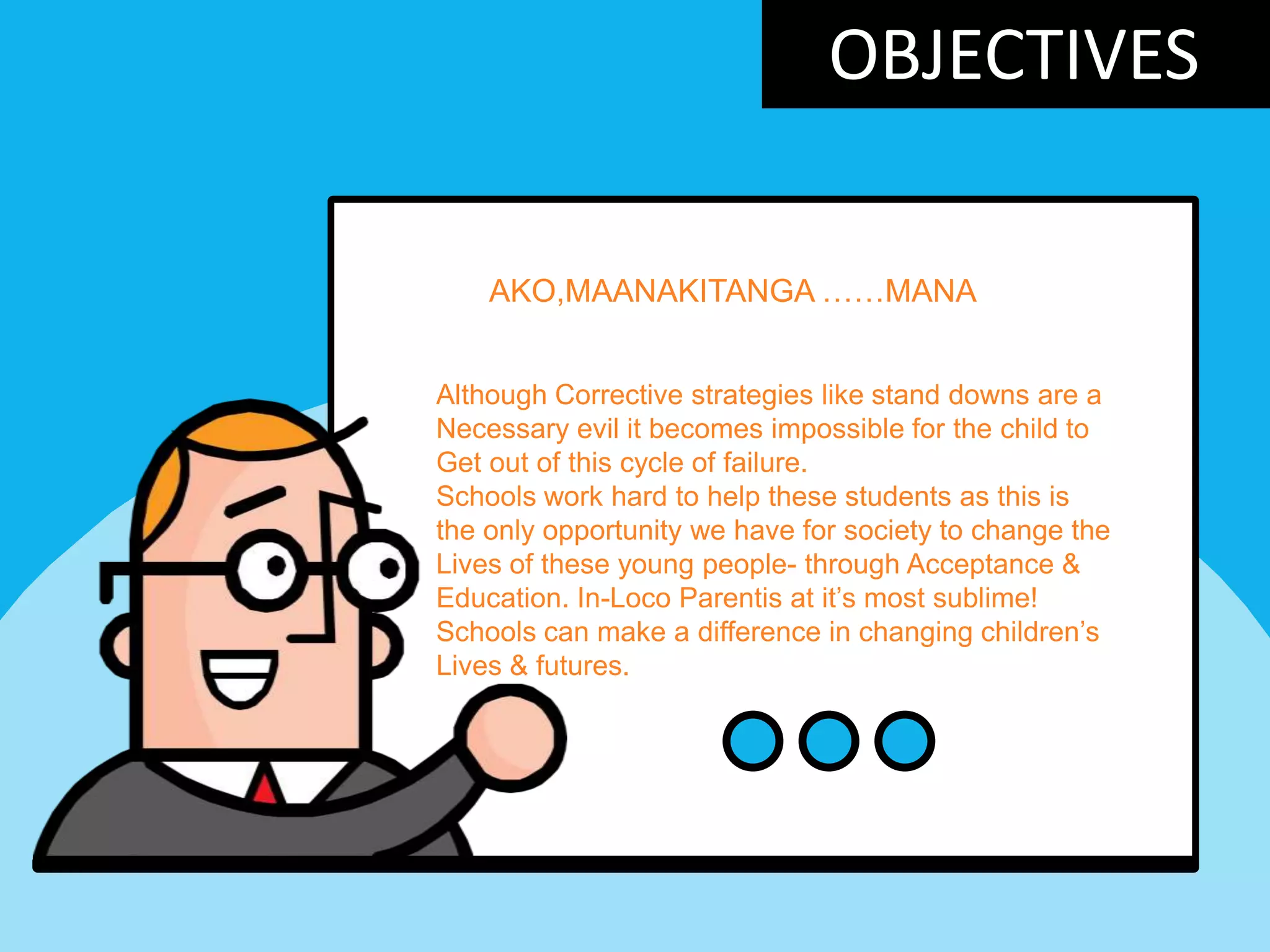 OBJECTIVES
AKO,MAANAKITANGA ……MANA
Although Corrective strategies like stand downs are a
Necessary evil it becomes impossible for the child to
Get out of this cycle of failure.
Schools work hard to help these students as this is
the only opportunity we have for society to change the
Lives of these young people- through Acceptance &
Education. In-Loco Parentis at it‟s most sublime!
Schools can make a difference in changing children‟s
Lives & futures.
 