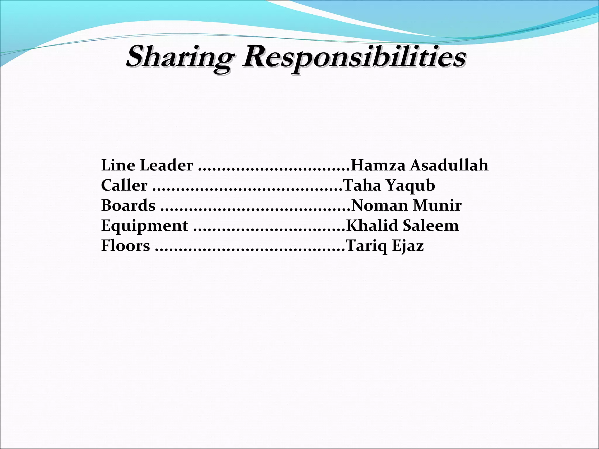 Line Leader ................................Hamza Asadullah
Caller ........................................Taha Yaqub
Boards ........................................Noman Munir
Equipment ................................Khalid Saleem
Floors ........................................Tariq Ejaz
Sharing ResponsibilitiesSharing Responsibilities
 