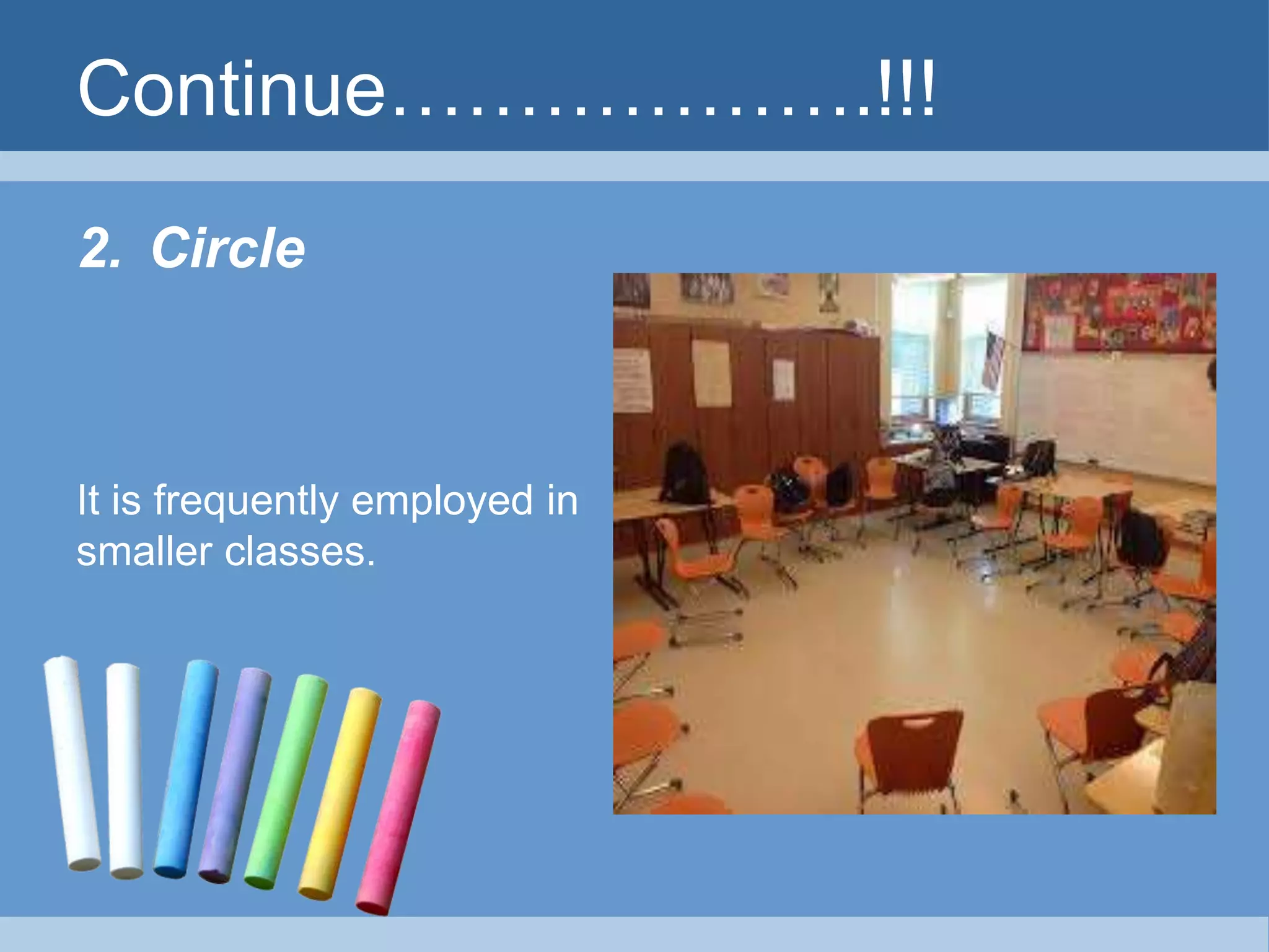 Continue……………….!!! 
2. Circle 
It is frequently employed in 
smaller classes. 
 