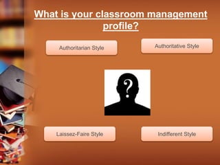 What is your classroom management
profile?
Authoritarian Style Authoritative Style
Indifferent StyleLaissez-Faire Style
 