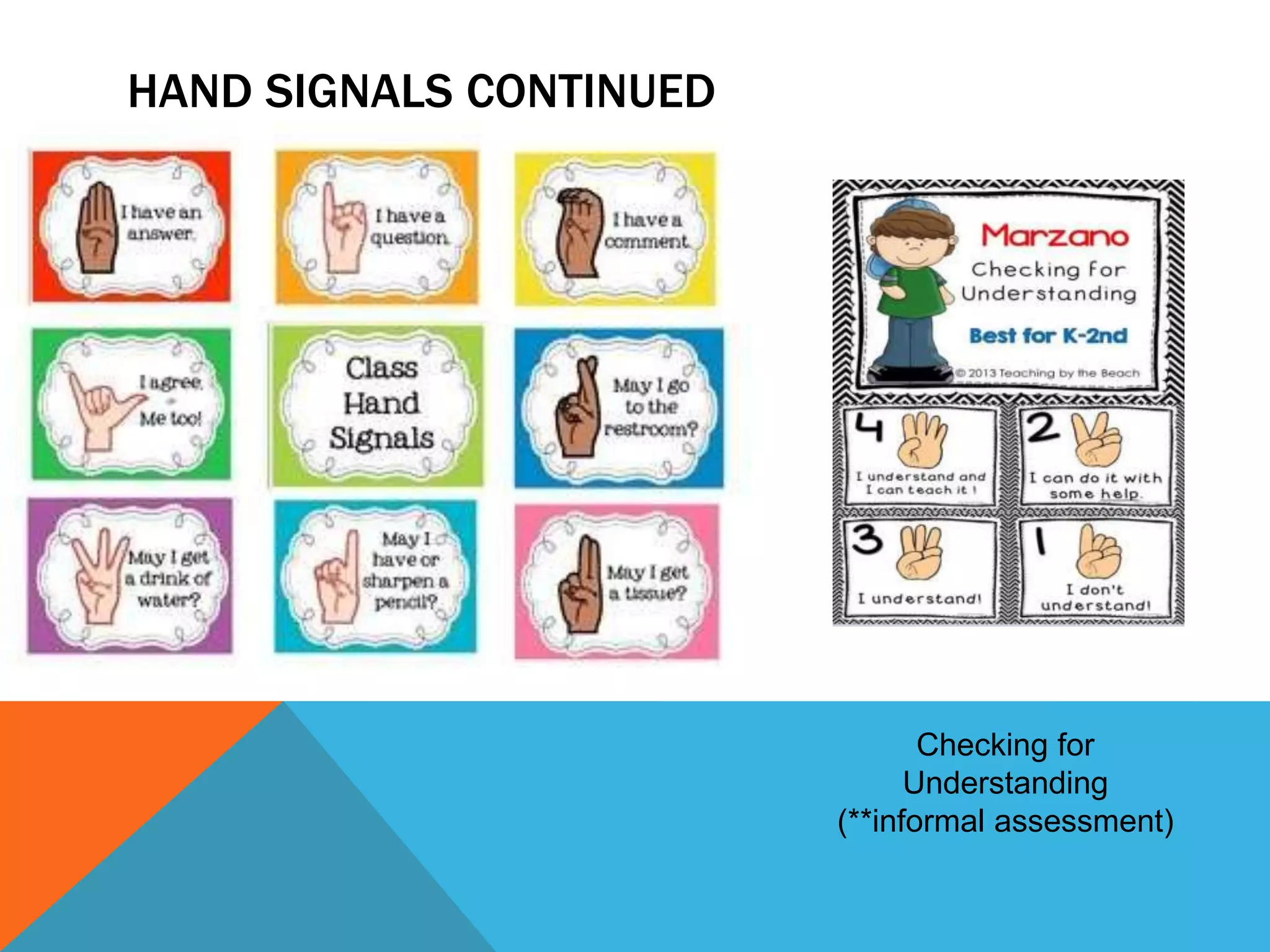 HAND SIGNALS CONTINUED
Checking for
Understanding
(**informal assessment)
 