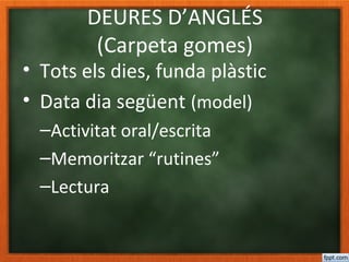 DEURES D’ANGLÉS
(Carpeta gomes)
• Tots els dies, funda plàstic
• Data dia següent (model)
–Activitat oral/escrita
–Memoritzar “rutines”
–Lectura
 