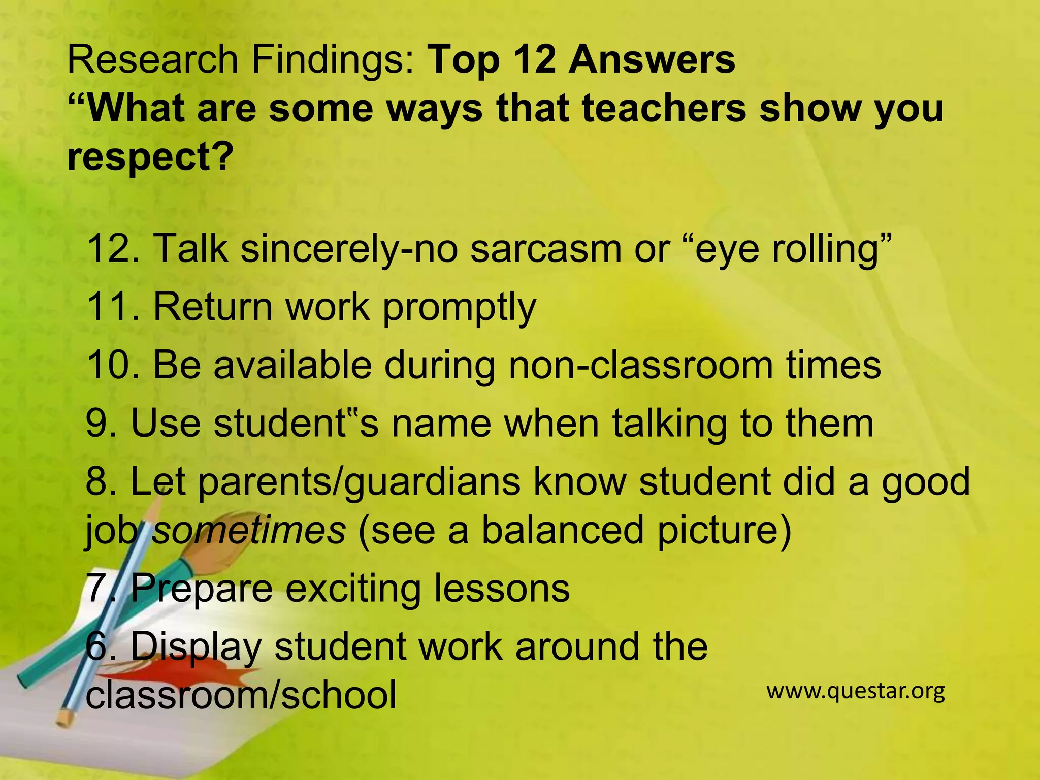 12. Talk sincerely-no sarcasm or “eye rolling”
11. Return work promptly
10. Be available during non-classroom times
9. Use student‟s name when talking to them
8. Let parents/guardians know student did a good
job sometimes (see a balanced picture)
7. Prepare exciting lessons
6. Display student work around the
classroom/school
Research Findings: Top 12 Answers
“What are some ways that teachers show you
respect?
www.questar.org
 