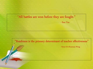 “All battles are won before they are fought.”
- Sun Tzu
“Readiness is the primary determinant of teacher effectiveness”
- Harry K & Rosemary Wong
 