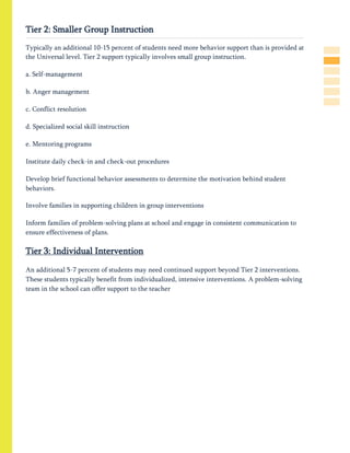 Tier 2: Smaller Group Instruction
Typically an additional 10-15 percent of students need more behavior support than is provided at
the Universal level. Tier 2 support typically involves small group instruction.
a. Self-management
b. Anger management
c. Conflict resolution
d. Specialized social skill instruction
e. Mentoring programs
Institute daily check-in and check-out procedures
Develop brief functional behavior assessments to determine the motivation behind student
behaviors.
Involve families in supporting children in group interventions
Inform families of problem-solving plans at school and engage in consistent communication to
ensure effectiveness of plans.
Tier 3: Individual Intervention
An additional 5-7 percent of students may need continued support beyond Tier 2 interventions.
These students typically benefit from individualized, intensive interventions. A problem-solving
team in the school can offer support to the teacher
 