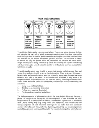 To satisfy the basic needs, a person must behave. This means acting, thinking, feeling,
and involving the body, all of which are components of the total behaviour generated in
the effort to get what is wanted. Whenever there is a discrepancy between what one wants
and what one has, the internal behavioural system is activated. The motivation is always
to behave, not only for present needs but, after those are satisfied, for future needs.
People innately reject being controlled by others because they are capable of fulfilling
only their own needs. Loss of control to another is dysfunctional and runs counter to the
fulfillment of needs.
To satisfy needs, people must be able to sense what is going on both around them and
within them, and then be able to act on that information. When we sense a discrepancy
between what we have and what we want, we behave by acting upon the world and upon
ourselves as a part of the world. If we examine this behaviour, it may seem to be
composed of four different behaviours, but these are actually four components of what is
always a total behaviour. These four components, which always occur synchronously, are
as follows:
1. Doing (e.g., walking, talking)
2. Thinking (e.g., reasoning, fantasizing)
3. Feeling (e.g., angering, depressing)
4. Physiology (e.g., sweating, headaching)
The feeling component of behaviour is typically the most obvious. However, the more a
person can recognize that feelings are just one component of total behaviour, the more
the person will be in control of his or her life. Glasser (1984) explains that, as individuals
learn Choice Theory, they stop using nouns (like depression) that describe only the
feeling component of total behaviour and begin to use verbs that more accurately
describe total behaviour. Thus, verbs like depressing, anxietying, and headaching replace
nouns like depression, anxiety, and headache. The value in learning about total behaviour
119
 