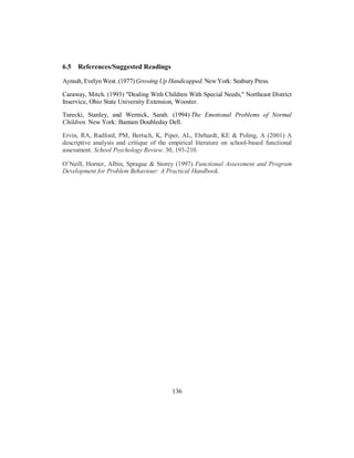 6.5 References/Suggested Readings
Ayrault, Evelyn West. (1977) Growing Up Handicapped. NewYork: Seabury Press.
Caraway, Mitch. (1993) "Dealing With Children With Special Needs," Northeast District
Inservice, Ohio State University Extension, Wooster.
Turecki, Stanley, and Wernick, Sarah. (1994) The Emotional Problems of Normal
Children. New York: Bantam Doubleday Dell.
Ervin, RA, Radford, PM, Bertsch, K, Piper, AL, Ehrhardt, KE & Poling, A (2001) A
descriptive analysis and critique of the empirical literature on school-based functional
assessment. School Psychology Review. 30, 193-210.
O’Neill, Horner, Albin, Sprague & Storey (1997) Functional Assessment and Program
Development for Problem Behaviour: A Practical Handbook.
136
 