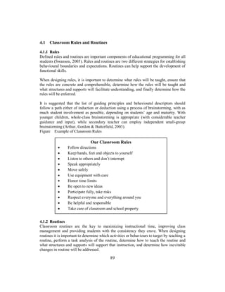 4.1 Classroom Rules and Routines
4.1.1 Rules
Defined rules and routines are important components of educational programming for all
students (Swanson, 2005). Rules and routines are two different strategies for establishing
behavioural boundaries and expectations. Routines can help support the development of
functional skills.
When designing rules, it is important to determine what rules will be taught, ensure that
the rules are concrete and comprehensible, determine how the rules will be taught and
what structures and supports will facilitate understanding, and finally determine how the
rules will be enforced.
It is suggested that the list of guiding principles and behavioural descriptors should
follow a path either of induction or deduction using a process of brainstorming, with as
much student involvement as possible, depending on students’ age and maturity. With
younger children, whole-class brainstorming is appropriate (with considerable teacher
guidance and input), while secondary teacher can employ independent small-group
brainstorming (Arthur, Gordon & Butterfield, 2003).
Figure Example of Classroom Rules
4.1.2 Routines
Classroom routines are the key to maximizing instructional time, improving class
management and providing students with the consistency they crave. When designing
routines it is important to determine which activities or behaviours to target by teaching a
routine, perform a task analysis of the routine, determine how to teach the routine and
what structures and supports will support that instruction, and determine how inevitable
changes in routine will be addressed.
Our Classroom Rules
• Follow directions
• Keep hands, feet and objects to yourself
• Listen to others and don’t interrupt
• Speak appropriately
• Move safely
• Use equipment with care
• Honor time limits
• Be open to new ideas
• Participate fully, take risks
• Respect everyone and everything around you
• Be helpful and responsible
• Take care of classroom and school property
89
 