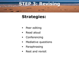 STEP 3: Revising
Strategies:
 Peer editing
 Read aloud
 Conferencing
 Mediative questions
 Paraphrasing
 Rest and revisit
 