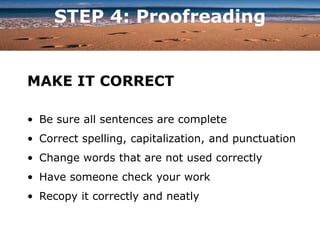 STEP 4: Proofreading
MAKE IT CORRECT
• Be sure all sentences are complete
• Correct spelling, capitalization, and punctuation
• Change words that are not used correctly
• Have someone check your work
• Recopy it correctly and neatly
 