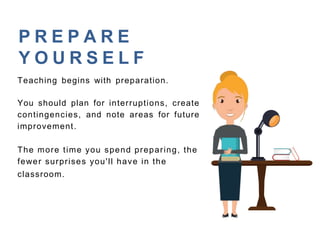 P R E P A R E
Y O U R S E L F
Teaching begins with preparation.
You should plan for interruptions, create
contingencies, and note areas for future
improvement.
The more time you spend preparing, the
fewer surprises you'll have in the
classroom.
 