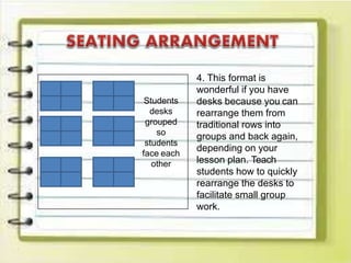Students
desks
grouped
so
students
face each
other
4. This format is
wonderful if you have
desks because you can
rearrange them from
traditional rows into
groups and back again,
depending on your
lesson plan. Teach
students how to quickly
rearrange the desks to
facilitate small group
work.
 