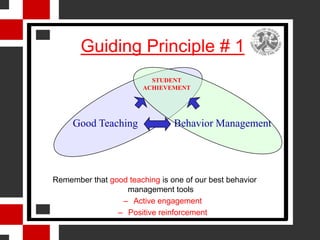 Guiding Principle # 1
                          STUDENT
                        ACHIEVEMENT




     Good Teaching              Behavior Management




Remember that good teaching is one of our best behavior
                  management tools
                 – Active engagement
                – Positive reinforcement
 