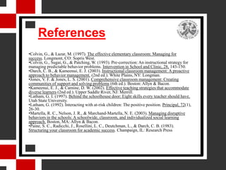 References
•Colvin, G., & Lazar, M. (1997). The effective elementary classroom: Managing for
success. Longmont, CO: Sopris West.
•Colvin, G., Sugai, G., & Patching, W. (1993). Pre-correction: An instructional strategy for
managing predictable behavior problems. Intervention in School and Clinic, 28, 143-150.
•Darch, C. B., & Kameenui, E. J. (2003). Instructional classroom management: A proactive
approach to behavior management. (2nd ed.). White Plains, NY: Longman.
•Jones, V. F. & Jones, L. S. (2001). Comprehensive classroom management: Creating
communities of support and solving problems (6th ed.). Boston: Allyn & Bacon.
•Kameenui, E. J., & Carnine, D. W. (2002). Effective teaching strategies that accommodate
diverse learners (2nd ed.). Upper Saddle River, NJ: Merrill.
•Latham, G. I. (1997). Behind the schoolhouse door: Eight skills every teacher should have.
Utah State University.
•Latham, G. (1992). Interacting with at-risk children: The positive position. Principal, 72(1),
26-30.
•Martella, R. C., Nelson, J. R., & Marchand-Martella, N. E. (2003). Managing disruptive
behaviors in the schools: A schoolwide, classroom, and individualized social learning
approach. Boston, MA: Allyn & Bacon.
•Paine, S. C., Radicchi, J., Rosellini, L. C., Deutchman, L., & Darch, C. B. (1983).
Structuring your classroom for academic success. Champaign, IL: Research Press
 