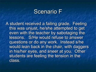 Scenario FScenario F
A student received a failing grade. FeelingA student received a failing grade. Feeling
this was unjust, he/she attempted to getthis was unjust, he/she attempted to get
even with the teacher by sabotaging theeven with the teacher by sabotaging the
lessons. S/He would refuse to answerlessons. S/He would refuse to answer
questions or do any work. Instead s/hequestions or do any work. Instead s/he
would lean back in the chair, with daggerswould lean back in the chair, with daggers
in his/her eyes, and sneer at you. Otherin his/her eyes, and sneer at you. Other
students are feeling the tension in thestudents are feeling the tension in the
class.class.
 