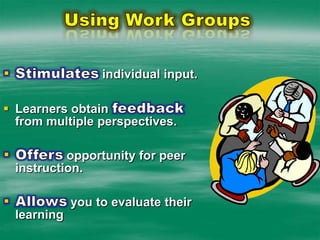 Using Work GroupsStimulates individual input. Learners obtain feedback from multiple perspectives.Offers opportunity for peer instruction.Allows you to evaluate their learning