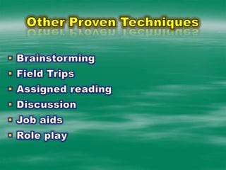 Other Proven TechniquesBrainstormingField Trips Assigned readingDiscussionJob aids Role play