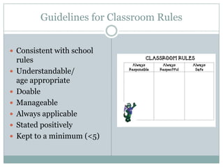 Guidelines for Classroom Rules


 Consistent with school
    rules
   Understandable/
    age appropriate
   Doable
   Manageable
   Always applicable
   Stated positively
   Kept to a minimum (<5)
 