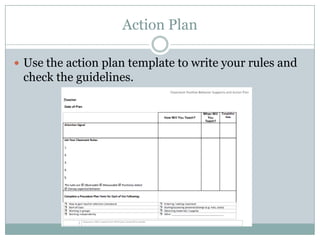Action Plan

 Use the action plan template to write your rules and
 check the guidelines.
 