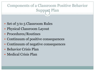 Components of a Classroom Positive Behavior
                 Support Plan


 Set of 3 to 5 Classroom Rules
 Physical Classroom Layout
 Procedures/Routines
 Continuum of positive consequences
 Continuum of negative consequences
 Behavior Crisis Plan
 Medical Crisis Plan
 
