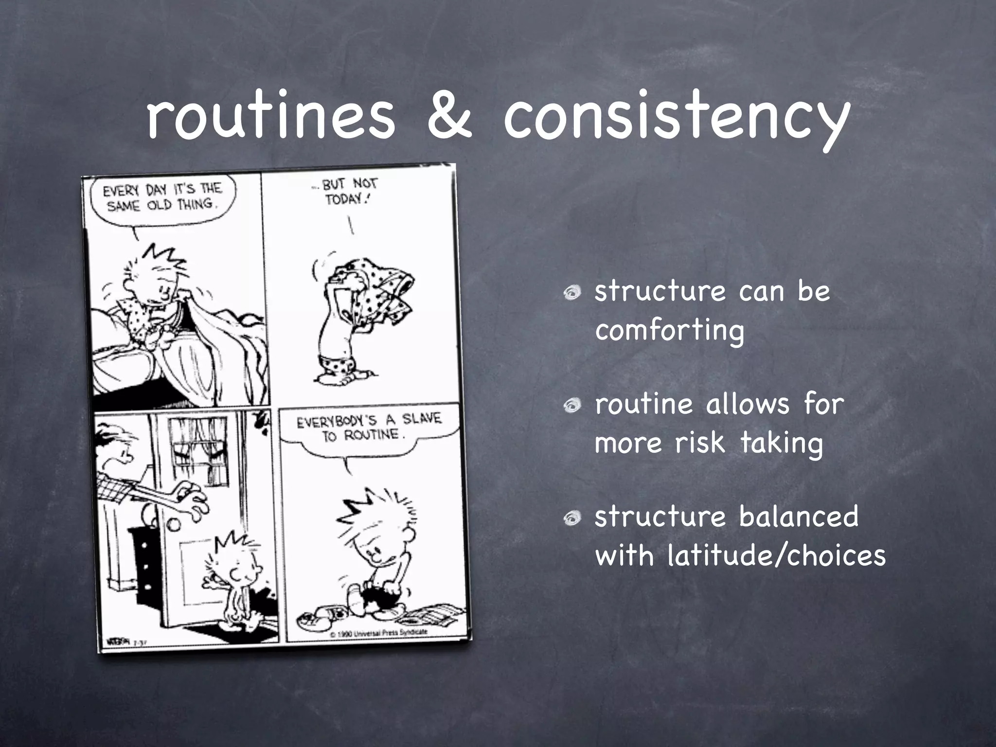 routines & consistency

             structure can be
             comforting

             routine allows for
             more risk taking

             structure balanced
             with latitude/choices
 