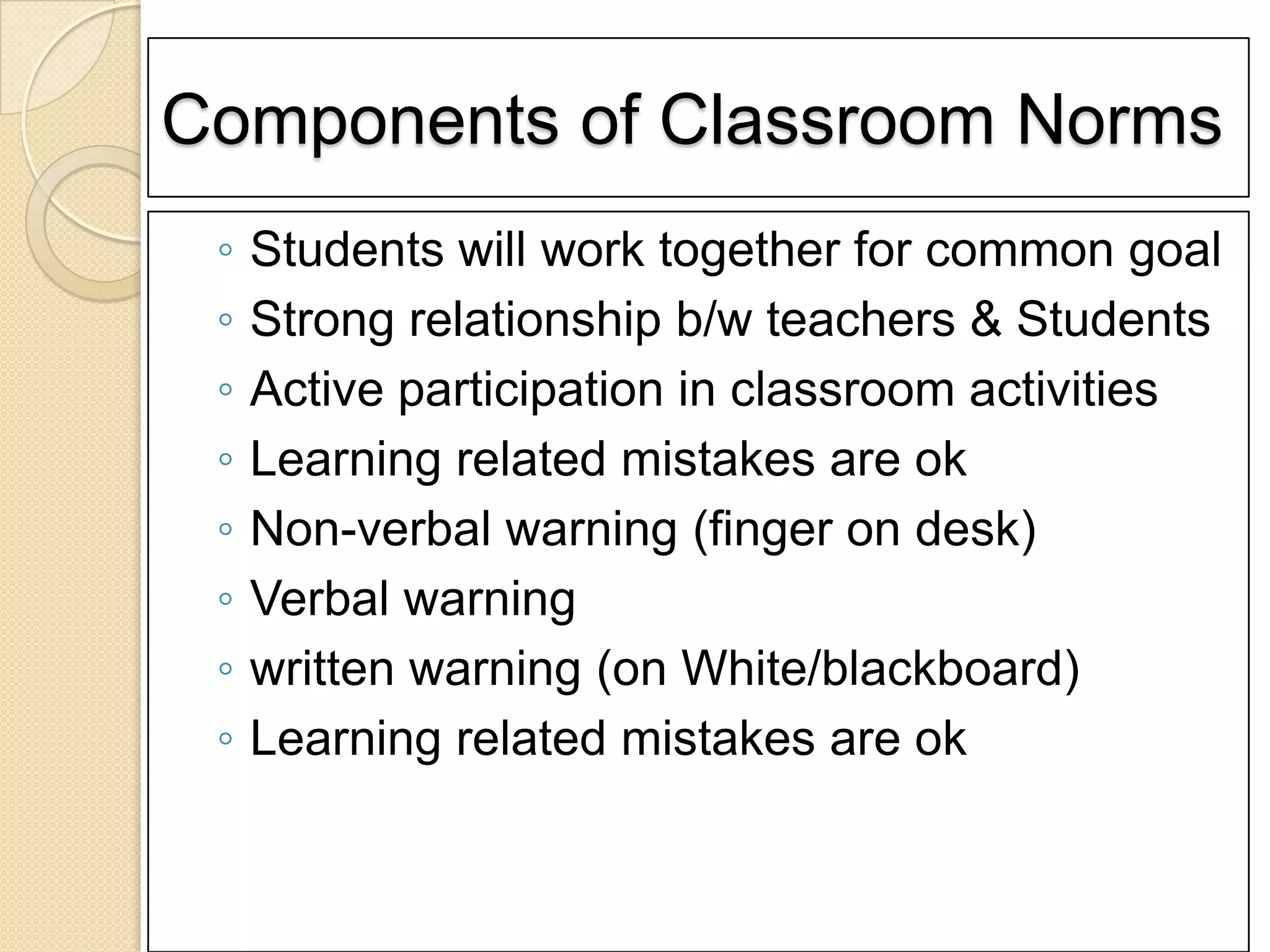 Components of Classroom Norms
 ◦   Students will work together for common goal
 ◦   Strong relationship b/w teachers & Students
 ◦   Active participation in classroom activities
 ◦   Learning related mistakes are ok
 ◦   Non-verbal warning (finger on desk)
 ◦   Verbal warning
 ◦   written warning (on White/blackboard)
 ◦   Learning related mistakes are ok
 