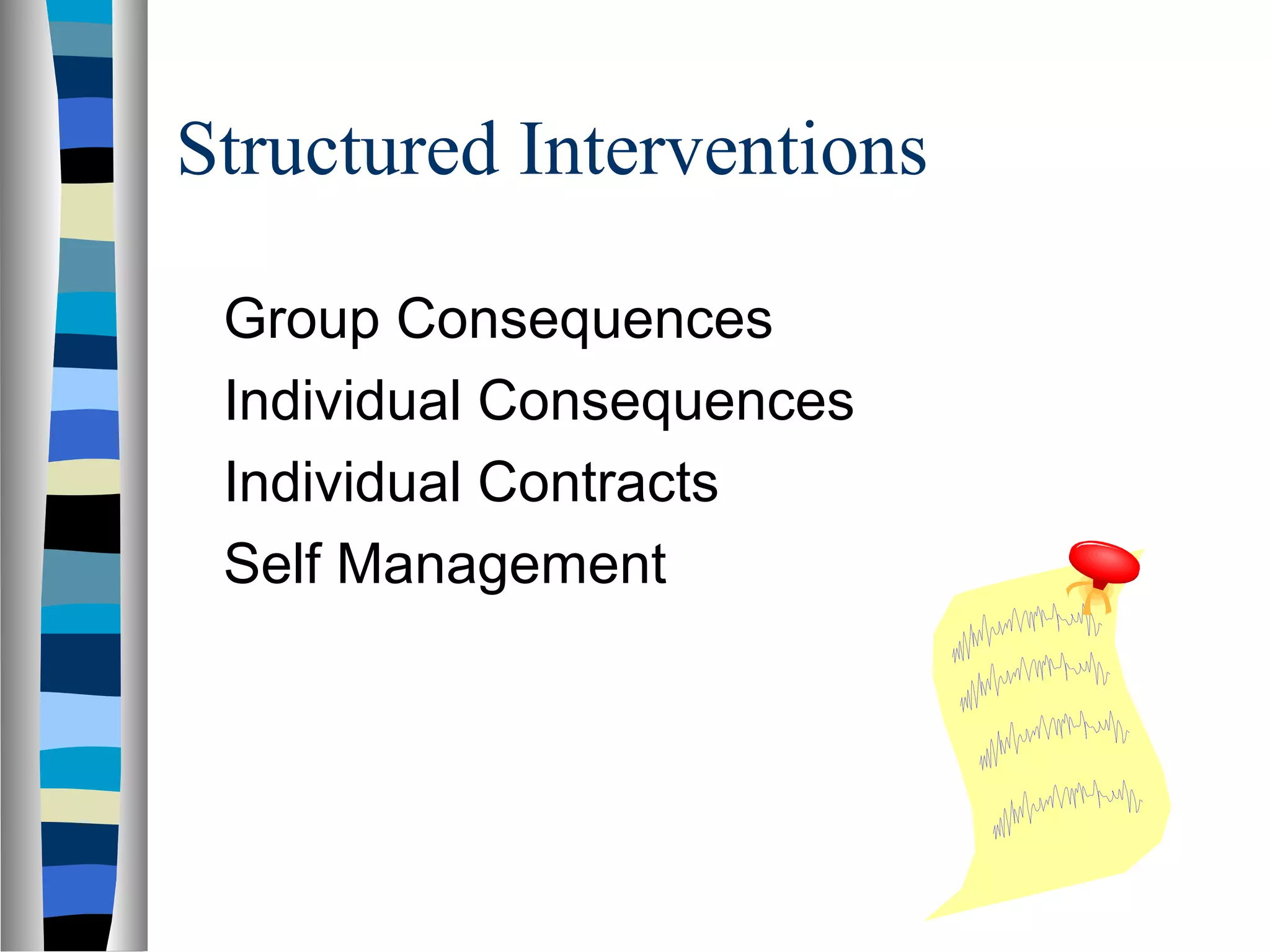 Structured Interventions
Group Consequences
Individual Consequences
Individual Contracts
Self Management
 