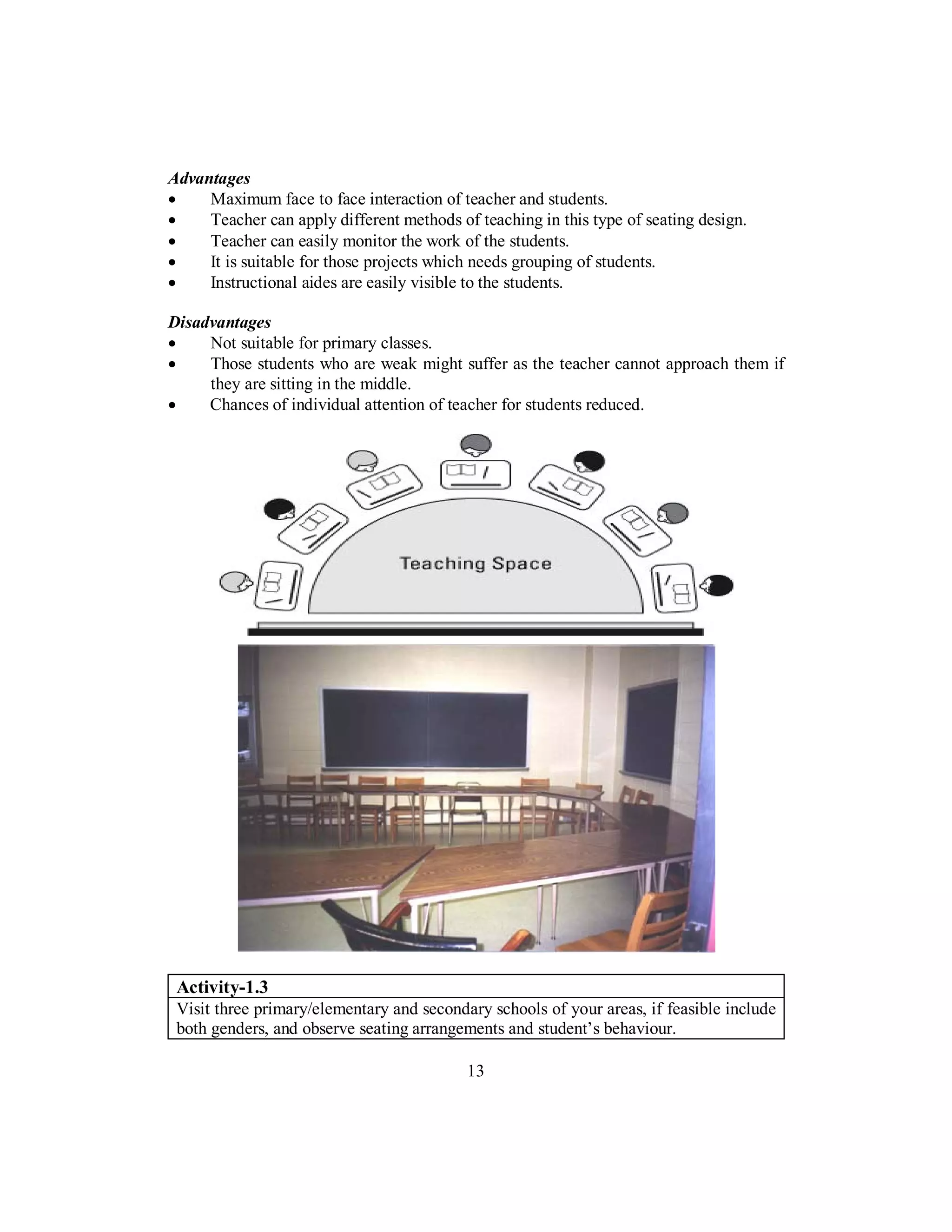 Advantages
• Maximum face to face interaction of teacher and students.
• Teacher can apply different methods of teaching in this type of seating design.
• Teacher can easily monitor the work of the students.
• It is suitable for those projects which needs grouping of students.
• Instructional aides are easily visible to the students.
Disadvantages
• Not suitable for primary classes.
• Those students who are weak might suffer as the teacher cannot approach them if
they are sitting in the middle.
• Chances of individual attention of teacher for students reduced.
Activity-1.3
Visit three primary/elementary and secondary schools of your areas, if feasible include
both genders, and observe seating arrangements and student’s behaviour.
13
 