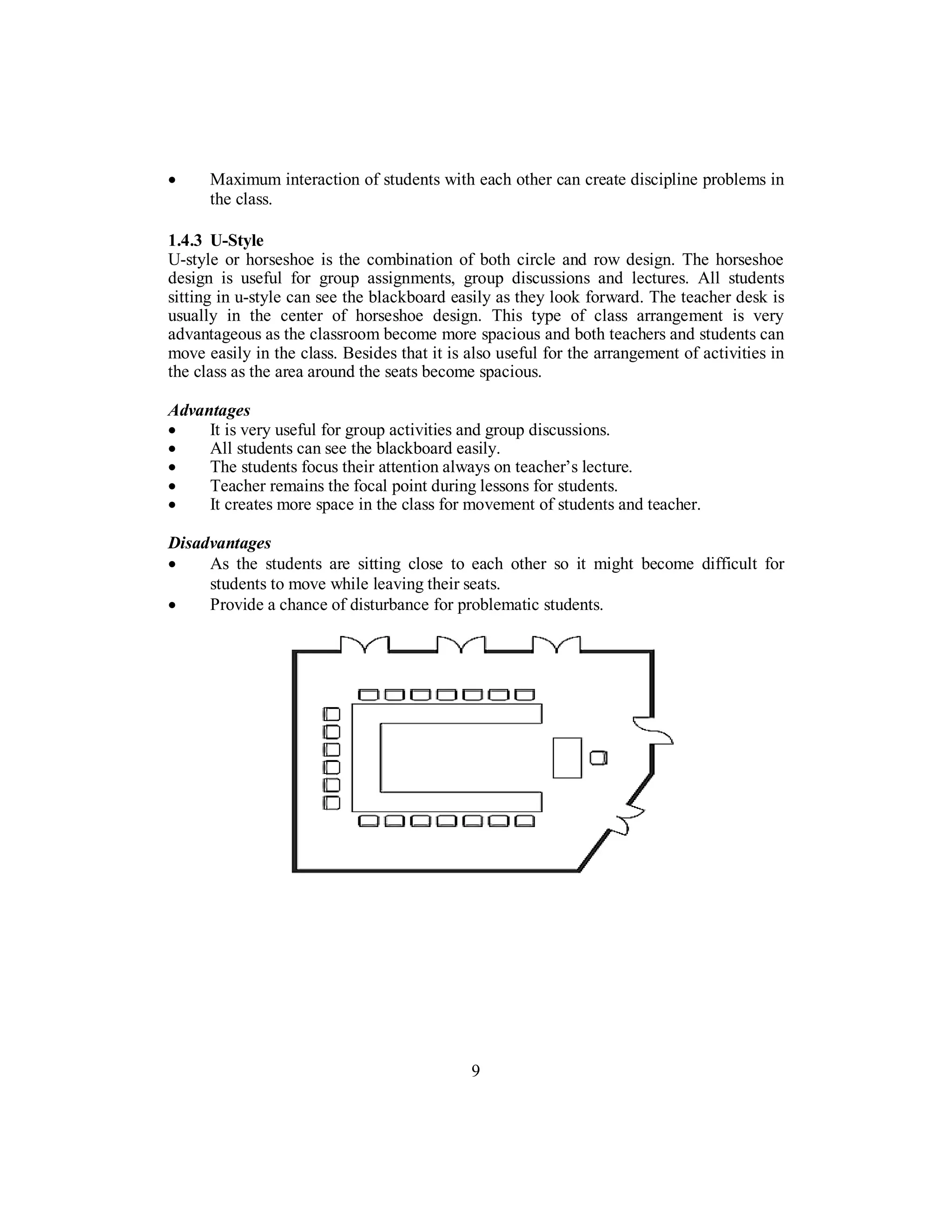 • Maximum interaction of students with each other can create discipline problems in
the class.
1.4.3 U-Style
U-style or horseshoe is the combination of both circle and row design. The horseshoe
design is useful for group assignments, group discussions and lectures. All students
sitting in u-style can see the blackboard easily as they look forward. The teacher desk is
usually in the center of horseshoe design. This type of class arrangement is very
advantageous as the classroom become more spacious and both teachers and students can
move easily in the class. Besides that it is also useful for the arrangement of activities in
the class as the area around the seats become spacious.
Advantages
• It is very useful for group activities and group discussions.
• All students can see the blackboard easily.
• The students focus their attention always on teacher’s lecture.
• Teacher remains the focal point during lessons for students.
• It creates more space in the class for movement of students and teacher.
Disadvantages
• As the students are sitting close to each other so it might become difficult for
students to move while leaving their seats.
• Provide a chance of disturbance for problematic students.
9
 