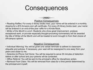 Consequences
Positive Consequences
• Reading Raffles: For every 5 library books read, your name will be entered in a monthly
drawing for a $15 Amazon.com gift certificate. For every 25 library books read, your name
will be entered in an end-of-the-year raffle for a Kindle Nook.
• Writer of the Month’s Lunch: Students who show great improvement, produce
exceptional work, or provide especially thought-provoking commentary will be awarded
the title of Writer of the Month and will be treated to lunch brought in from their choice of
off-campus options.
Negative Consequences
• Individual Warning: You will be given one verbal reminder to adhere to classroom
etiquette and policies. If necessary, your seat will be reassigned to one away from your
peers and closer to me.
• Detention & Phone Call Home: You will be required to serve 30 minutes of detention
before or after school and your parents will be contacted.
• Office Referral: You will be sent to the principal’s office for disciplinary action.
• Removal From Class: You will be removed from class for a time period determined by
the principal and myself.
 