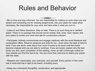 Rules and Behavior
• Be on time and stay informed. You are responsible for making up work when you are
absent and contacting me for missing assignments. Ask your peers for notes when
necessary. Be responsible for your work and take pride in what you turn in.
• Listen to and follow directions. Stay on task. There is no such thing as a “perfect”
paper. There is no passage that should not be reread. Edit, write, read, repeat. Ask
your peers to review your work and ask for constructive criticism.
• Participate. Actively communicate and engage creatively with the world literature and
composition offers. Read for pleasure and write for fun—even when the task at hand is
hard. If you are stuck, write about how much it sucks to be stuck until the words
become unglued and you are able to continue. If you are bored, explain why the text
bores you and, upon completion of the reading, come up with a thorough outline on
how useless you find the text to be. You are more than welcome to share your points
with the class.
• Respect your classmates, your instructor, and yourself. Every person in this room
has a voice that has a right to be heard, including yours.
• Keep your comments thoughtful, constructive, and appropriate.
 