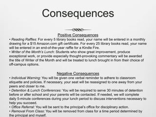 Consequences
Positive Consequences
• Reading Raffles: For every 5 library books read, your name will be entered in a monthly
drawing for a $15 Amazon.com gift certificate. For every 25 library books read, your name
will be entered in an end-of-the-year raffle for a Kindle Fire.
• Writer of the Month’s Lunch: Students who show great improvement, produce
exceptional work, or provide especially thought-provoking commentary will be awarded
the title of Writer of the Month and will be treated to lunch brought in from their choice of
off-campus options.
Negative Consequences
• Individual Warning: You will be given one verbal reminder to adhere to classroom
etiquette and policies. If necessary, your seat will be reassigned to one away from your
peers and closer to me.
• Detention & Lunch Conferences: You will be required to serve 30 minutes of detention
before or after school and your parents will be contacted. If needed, we will complete
daily 5-minute conferences during your lunch period to discuss interventions necessary to
help you succeed.
• Office Referral: You will be sent to the principal’s office for disciplinary action.
• Removal From Class: You will be removed from class for a time period determined by
the principal and myself.
 