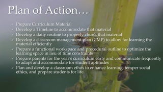  Prepare Curriculum Material
 Develop a Timeline to accommodate that material
 Develop a daily routine to properly chunk that material
 Develop a classroom management plan (CMP) to allow for learning the
material efficiently
 Prepare a functional workspace and procedural outline to optimize the
learning space in lieu of time constraints
 Prepare parents for the year’s curriculum early and communicate frequently
to adapt and accommodate for student aptitudes
 Plan and develop a classroom ethos to enhance learning, temper social
ethics, and prepare students for life.
Plan of Action…
 