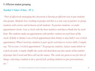 5. Efficient student grouping.
Teacher’s Voice ( Class – IV ):
“Part of effectively managing the classroom is having an efficient way to put students
into groups. Students love working in groups and this is a sure way to partner or group
students with variety and inclusion of all students. To partner students, we make
appointment clocks. I use a clock with the hour numbers and then a blank line by each
hour. The students make an appointment with another student on each hour of the
clock. If Sally is Jimmy's one o'clock appointment then Jimmy is also Sally's one o'clock
appointment. When I need my students to pair up for activities or review skills, I simply
say, "Go to your 2 o'clock appointment." To group my students, I place name labels on
a deck of cards. I simply shuffle the cards and deal them out into stacks of the number
of groups that I need and then call out the names. The cards are great to use for lots of
things, selecting a student to do a special job, picking students to give presentations,
etc.”
36G.H. Raisoni Academy for Human Excellence ( A Unit of S.G.R. Eduventures Pvt Ltd)
 