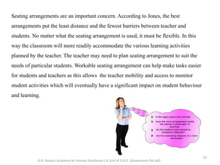 Seating arrangements are an important concern. According to Jones, the best
arrangements put the least distance and the fewest barriers between teacher and
students. No matter what the seating arrangement is used, it must be flexible. In this
way the classroom will more readily accommodate the various learning activities
planned by the teacher. The teacher may need to plan seating arrangement to suit the
needs of particular students. Workable seating arrangement can help make tasks easier
for students and teachers as this allows the teacher mobility and access to monitor
student activities which will eventually have a significant impact on student behaviour
and learning.
55
G.H. Raisoni Academy for Human Excellence ( A Unit of S.G.R. Eduventures Pvt Ltd)
 