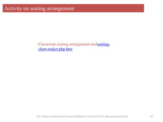 Activity on seating arrangement
Classroom seating arrangement toolseating-
chart-maker.php.htm
61G.H. Raisoni Academy for Human Excellence ( A Unit of S.G.R. Eduventures Pvt Ltd)
 