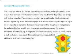 Stoplight Management System -
Post a stoplight pattern like the one shown above on the board and staple enough library
card pockets next to it so that each student will have one. Number the pockets and assign
each student a number. Place one green stoplight tag in each pocket. Students start each
day with a green tag. When a student engages in an off-task behavior, place a yellow tag in
his or her pocket as a caution. If another incident occurs that day, place an orange tag in
the pocket and follow up with a previously determined consequence. For serious
infractions, place the red tag in the pocket. At the end of the day, record the colors shown
in each pocket on a class chart. Remove the yellow, orange, and red tags so that everyone
will have a fresh start the following day.
66G.H. Raisoni Academy for Human Excellence ( A Unit of S.G.R. Eduventures Pvt Ltd)
 