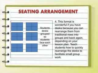 Students
desks
grouped
so
students
face each
other
4. This format is
wonderful if you have
desks because you can
rearrange them from
traditional rows into
groups and back again,
depending on your
lesson plan. Teach
students how to quickly
rearrange the desks to
facilitate small group
work.
 