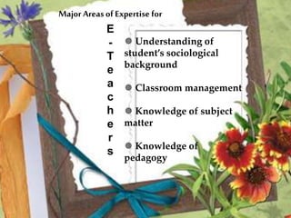 Major Areas of Expertise for
E
-
T
e
a
c
h
e
r
s
 Understanding of
student’s sociological
background
 Classroom management
 Knowledge of subject
matter
 Knowledge of
pedagogy
 
