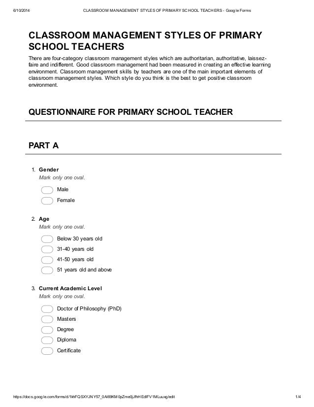 Classroom management styles of primary school teachers google forms 