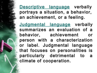 Descriptive language verbally
portrays a situation, a behavior,
an achievement, or a feeling.
Judgmental language verbally
summarizes an evaluation of a
behavior, achievement or
person with a characterization
or label. Judgmental language
that focuses on personalities is
particularly detrimental to a
climate of cooperation.
 