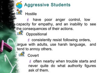 Aggressive Students
Hostile
 have poor anger control, low
capacity for empathy, and an inability to see
the consequences of their actions.
Oppositional
 consistently resist following orders,
argue with adults, use harsh language, and
tend to annoy others.
Covert
 often nearby when trouble starts and
never quite do what authority figures
ask of them.
 