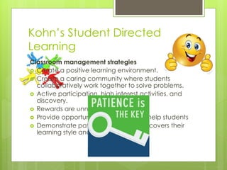 For Exceptional Learners
Class
management
 Stress student
responsibility
 Setting routines to
structure students
 Posting classroom rules
and consequences
 Arrangement of
furniture to facilitate
orderly rotation of tasks
Discipline
Management
 Invoke reasonable
consequences
 Establishing and
enforcing
consequences for
ignoring rules or routines
 Individuals with
exceptional needs have
opportunities to choose
disciplinary
consequences
 