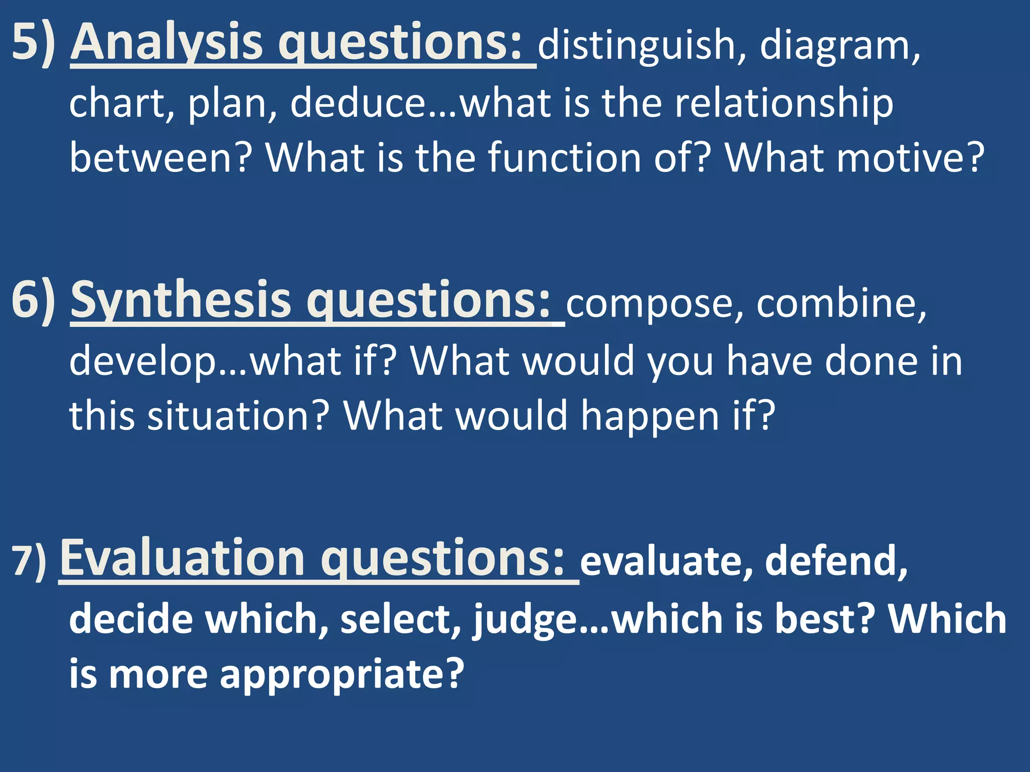 5) Analysis questions: distinguish, diagram,
  chart, plan, deduce…what is the relationship
  between? What is the function of? What motive?


6) Synthesis questions: compose, combine,
  develop…what if? What would you have done in
  this situation? What would happen if?


7) Evaluation questions: evaluate, defend,
   decide which, select, judge…which is best? Which
   is more appropriate?
 