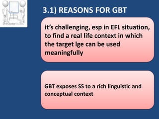 3.1) REASONS FOR GBT
it’s challenging, esp in EFL situation,
to find a real life context in which
the target lge can be used
meaningfully



GBT exposes SS to a rich linguistic and
conceptual context
 