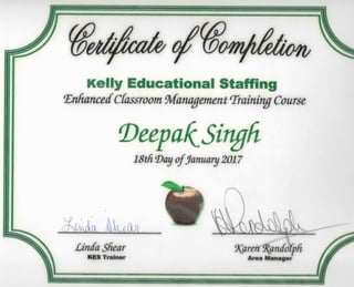 Classroom Management Training Certificate of Deepak (Danny) Singh